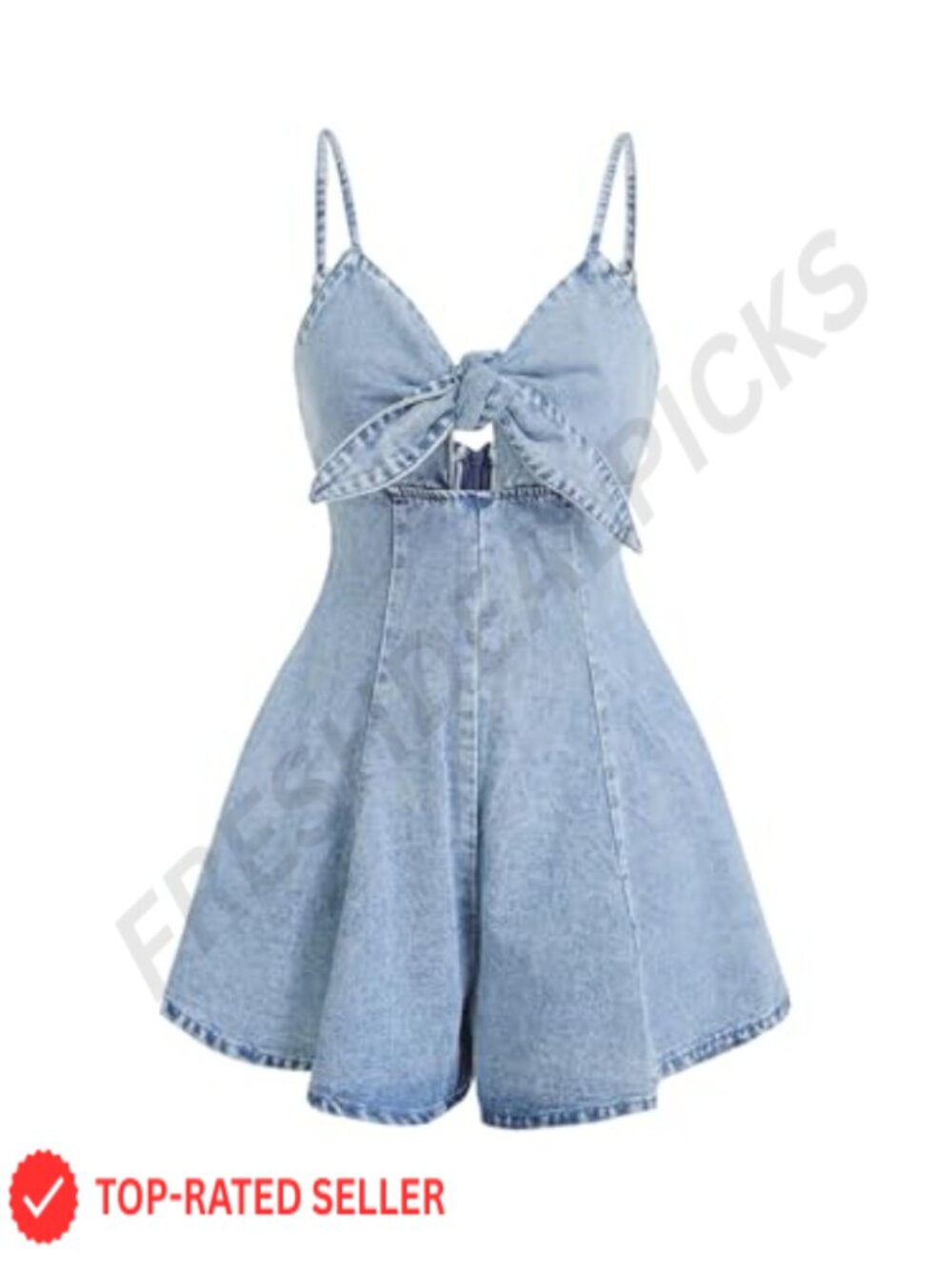 Vintage Bowknot Spaghetti Strap Denim Romper Sleeveless Wide Leg Jean Jumpsuit - Picture 1 of 6